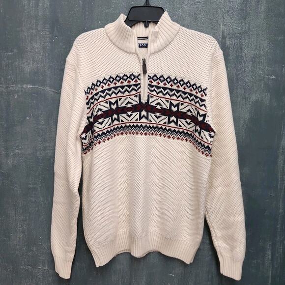 NEW Izod Mens Sz Medium Fair Isle Honeycomb Knit 1/4 Zip Sweater Cream Red Blue - Picture 1 of 6